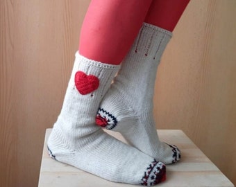 Cream Wool Socks, Heart Socks, Knit Wool Socks, Valentines Socks, Christmas Gift, Winter Socks