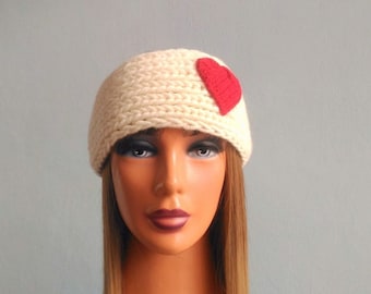 Valentine's Heart Headband, Knitted  Headband with Red Heart, Knit Ear warmer, Knit Headwarmer, Romantic Headband, Heart Headband