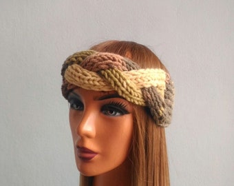 Knit Headband, Chunky Headband,  Women Headwrap, Ear Warmer in Blended Green, Brown and Beige, Women Headband