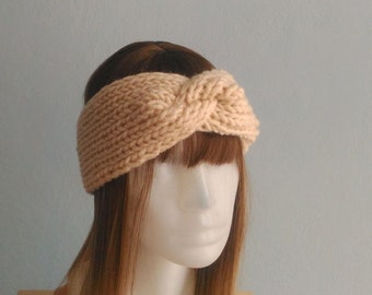 Knit Twisted Headband, Turban Headband Oatmeal Beige, Twisted Earwarmer, Women Headband
