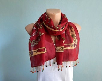 Burgundy Scarf, Lighweight Yemeni Scarf, Cotton Scarf, Floral Print Scarf in Brick Red Green Beige