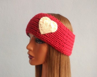 Valentine's Heart Headband, Knitted  Red Headband with Cream Heart, Knit Ear warmer, Knit Headwarmer, Romantic Headband, Heart Headband
