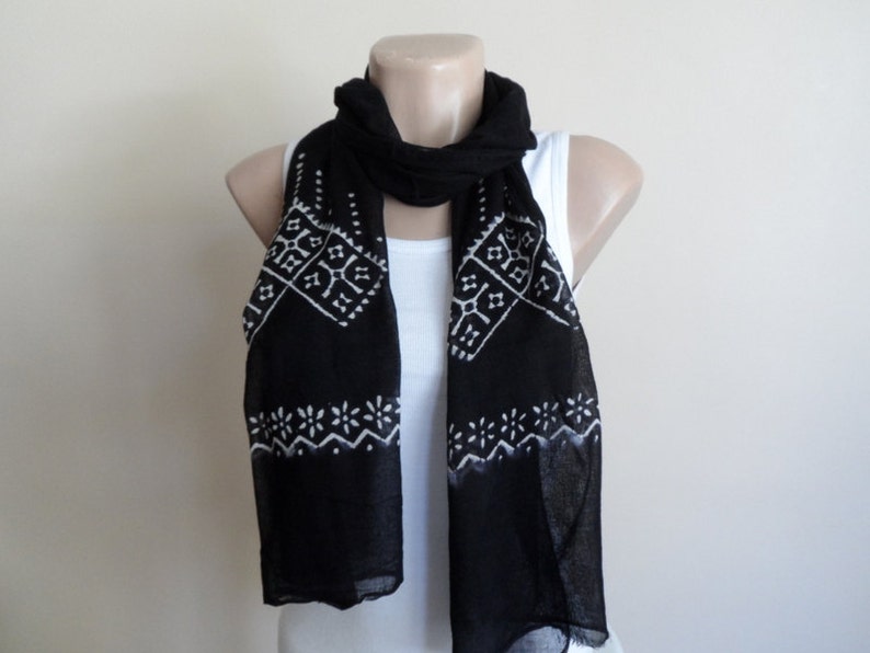 Cotton Scarf, Unisex Scarf in Black and White, Hand Stamped Scarf for Her for Him, Fall Autumn
