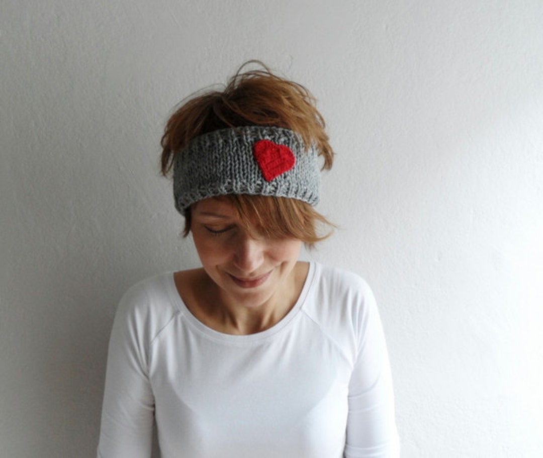 Knit Heart Headband Cream and Red Ear Warmer Headwarmer 