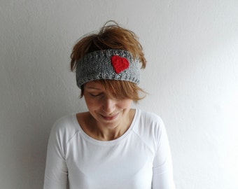Knitted Headband with Heart, Knit Ear warmer, Knit Headwarmer, Head Wrap in Gray and Red