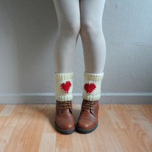 Knit Boot Cuffs Boot Toppers Hearts Leg Warmers Boot Socks in Red Cream Crochet Hearts Love Valentines Day Christmas Gift image 3