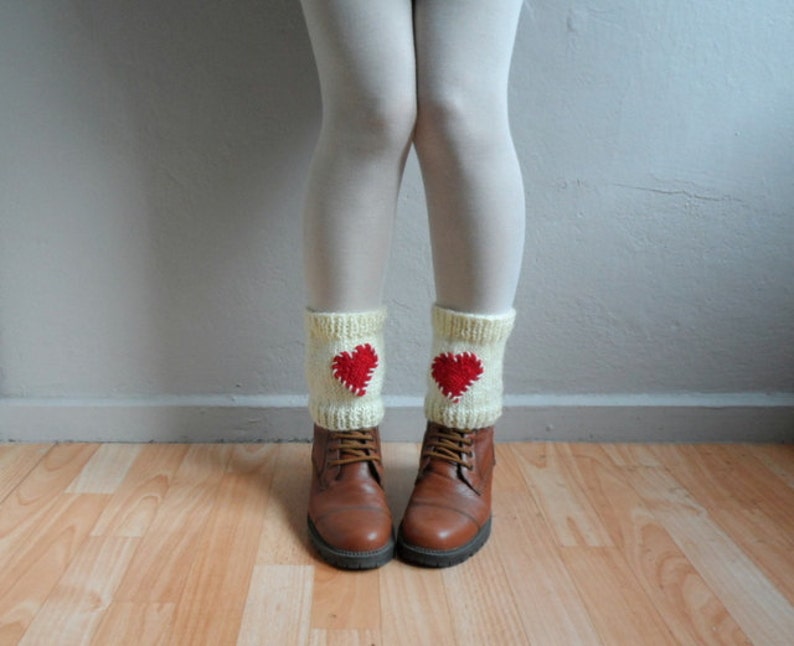 Knit Boot Cuffs Boot Toppers Hearts Leg Warmers Boot Socks in Red Cream Crochet Hearts Love Valentines Day Christmas Gift image 3