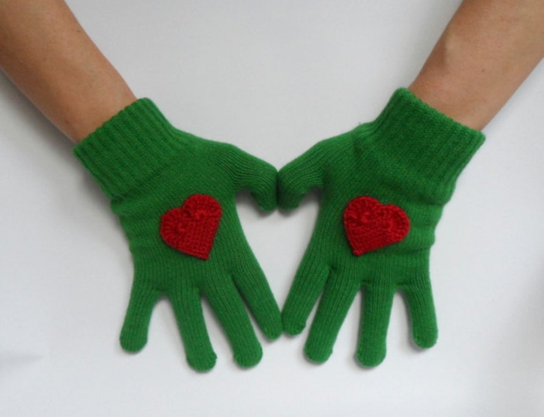 Green Gloves with Crochet Red Heart, Women Gloves, Knit Gloves, Christmas Gift, Gift for her image 3