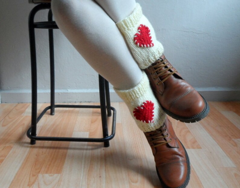 Knit Boot Cuffs Boot Toppers Hearts Leg Warmers Boot Socks in Red Cream Crochet Hearts Love Valentines Day Christmas Gift image 1