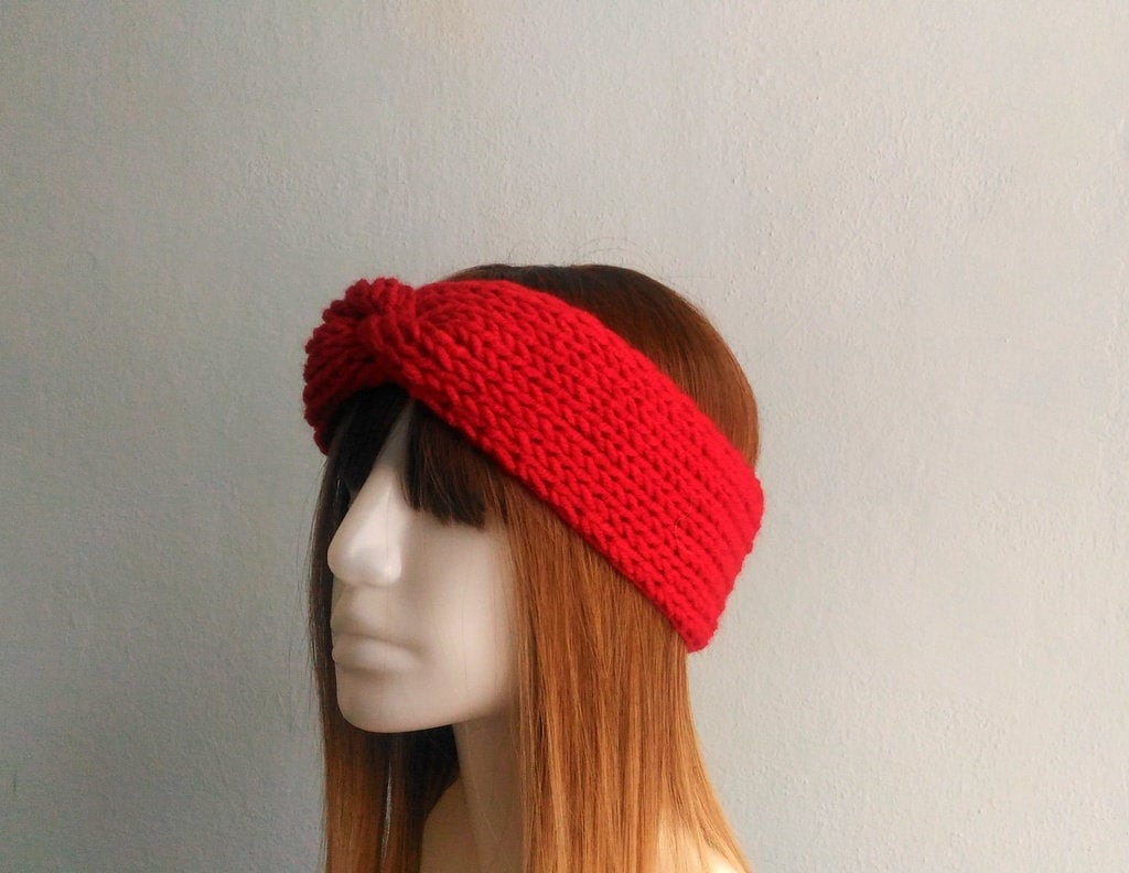 Chunky Knit Turban Twisted Headband, Hand Knit Earwarmer in Red, Winter Headband, Women Headband, Red Earwarmer
