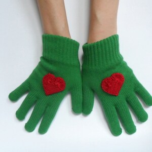 Green Gloves with Crochet Red Heart, Women Gloves, Knit Gloves, Christmas Gift, Gift for her image 2