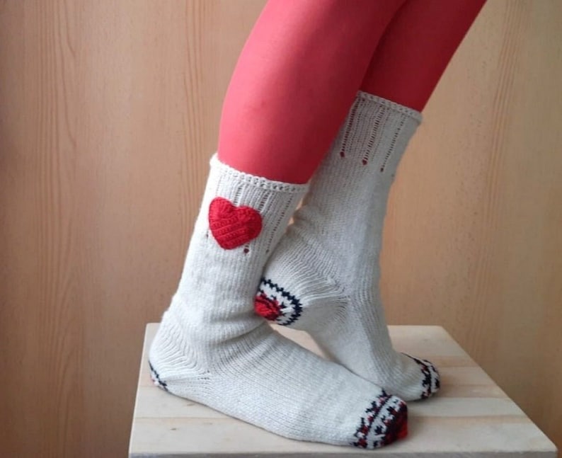 Cream Wool Socks, Heart Socks, Knit Wool Socks, Valentines Socks, Christmas Gift, Winter Socks 