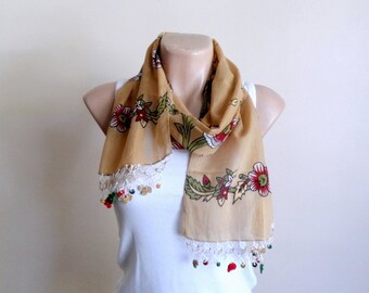 Women Cotton Scarf, Brown Yemeni Scarf with Crochet Embroidery Beaded Lace