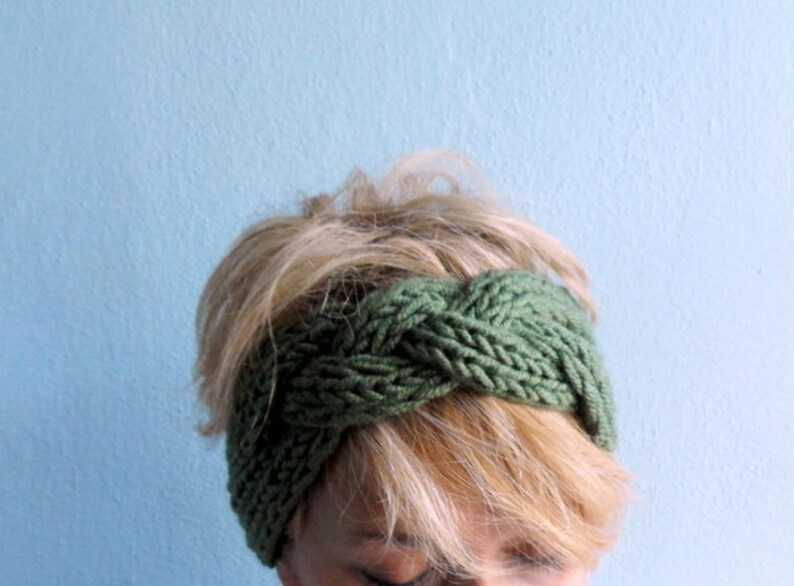 Chunky Hand Knit Headband Khaki Green Braid Hair Accessory Etsy