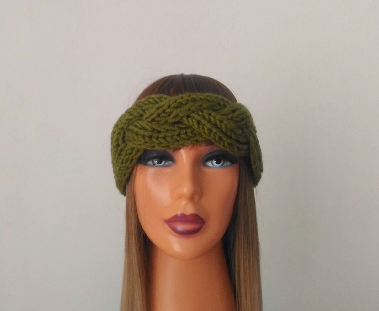 Chunky Hand Knit Headband Khaki Green Braid Hair Accessory Knitted
