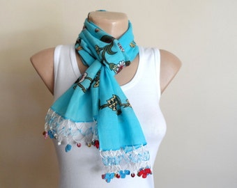 Women Scarf in Turquoise Blue, Cotton Scarf, Yemeni Scarf with Crochet Embroidery Beaded Lace