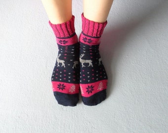 Dark Blue Women Socks Ankle Socks Boot Socks Deer Printed Socks