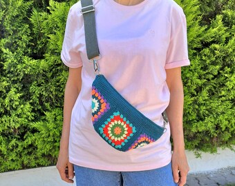 Granny  Crochet Bum Bag, Crochet Fanny Bag, Small Crossbody Bag, Crochet Sling Bag for Women, Chest Bag, Hands Free Boho Bag, Green Bum Bag