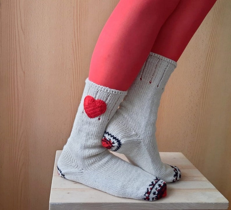 Cream Wool Socks, Heart Socks, Knit Wool Socks, Valentines Socks, Christmas Gift, Winter Socks image 9