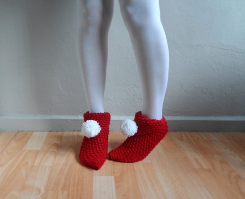 Christmas Slippers, Red Slippers, Women Slippers, Knit Slippers with Pompoms, House Shoes, Slippers Socks,Winter Accessories,Valentines Day image 3