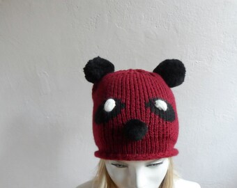 Panda Hat, Burgundy Panda Hat with Pompoms, Knit Hat, Unisex Hat