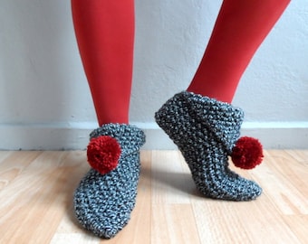 Black Tweed Slippers, Women Slippers, Knit Slippers with Red Pompom, House Shoes, Winter Accessories