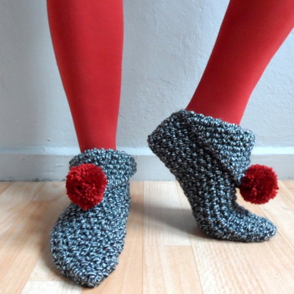 Black Tweed Slippers, Women Slippers, Knit Slippers with Red Pompom, House Shoes, Winter Accessories