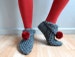 Black Tweed Slippers, Women Slippers, Knit Slippers with Red Pompom, House Shoes, Winter Accessories 