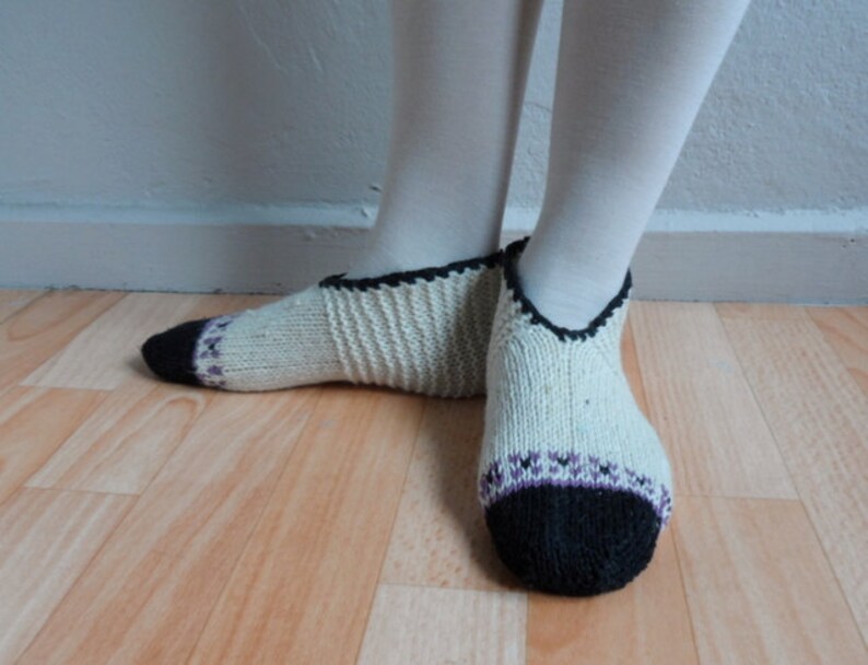Hand Knitted Wool Cream Socks Slippers, Wool Socks, Women Socks, Black Purple Socks, Winter Fashion, Winter Accessories image 2