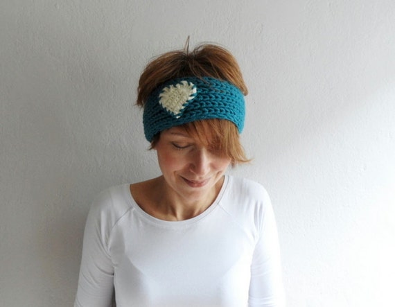 Knitted Heart Headband Teal Blue Cream, Heart Ear Warmer  display picture 2