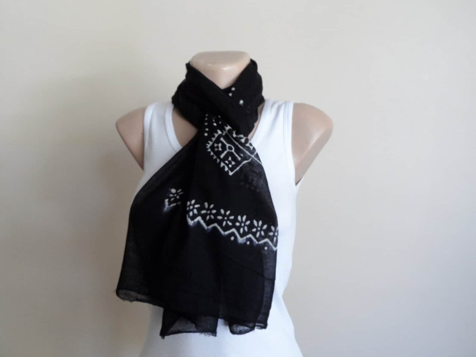 Cotton Scarf, Unisex Scarf in Black and White, Hand Stamped Scarf for Her for Him, Fall Autumn