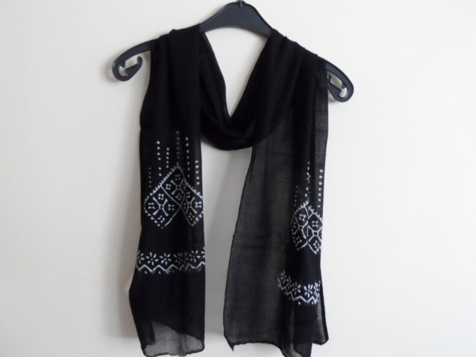 Cotton Scarf, Unisex Scarf in Black and White, Hand Stamped Scarf for Her for Him, Fall Autumn