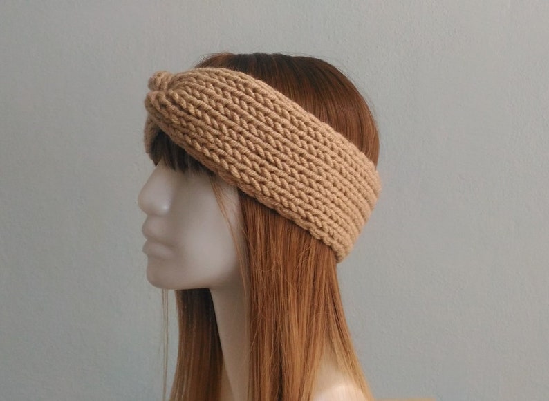 Knitted Headband in Light Brown, Twisted Headband, Hand Knit Turban, Chunky Headband, Turban Twisted Headband, Women Headband, Boho Headband image 3