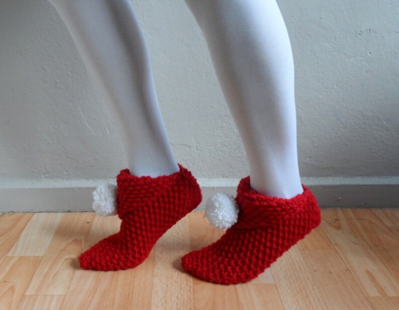 Christmas Slippers, Red Slippers, Women Slippers, Knit Slippers with Pompoms, House Shoes, Slippers Socks,Winter Accessories,Valentines Day image 4