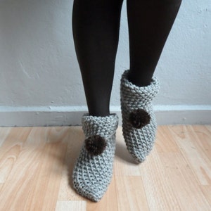 Women Slippers, Stone Beige Knit Slippers with Pompoms, House Shoes, Slippers Socks,Winter Fashion image 3