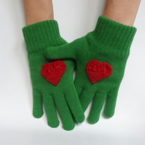 Green Gloves with Crochet Red Heart, Women Gloves, Knit Gloves, Christmas Gift, Gift for her image 1
