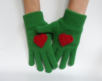 Green Gloves with Crochet Red Heart, Women Gloves, Knit Gloves, Christmas Gift, Gift for her