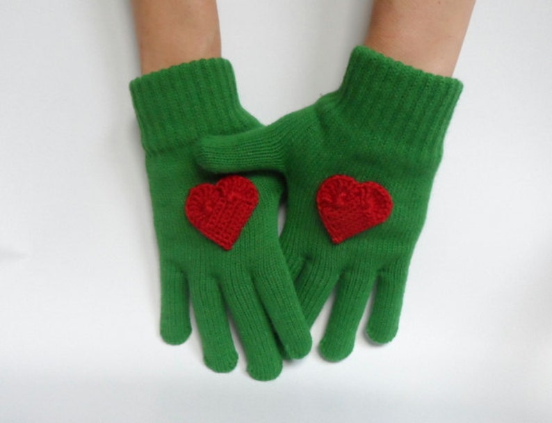 Green Gloves with Crochet Red Heart, Women Gloves, Knit Gloves, Christmas Gift, Gift for her image 1