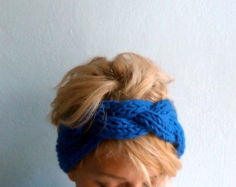 Handgestricktes Stirnband, klobiges Stirnband, Ohrwärmer, verkabeltes Stirnband, Kopfwickel in Saxe Blue, Winter-Accessoires