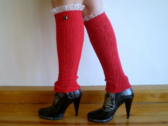 fizzaccessory Frilly Red Leg Warmers, Boot Toppers, Boot Socks with Tulle Lace, Valentines Gift