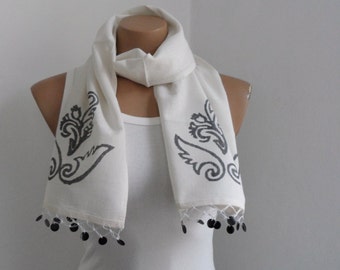 Women Scarf, Cotton Scarf, Cream Scarf Cowl, Hand Stamped Scarf, Natural Neutral