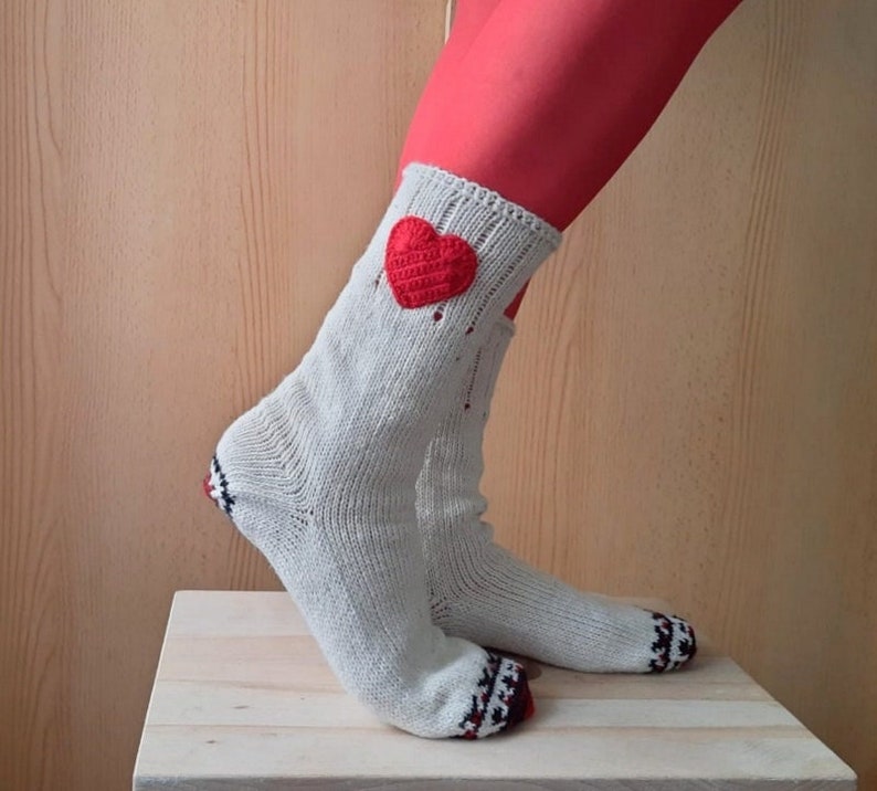 Cream Wool Socks, Heart Socks, Knit Wool Socks, Valentines Socks, Christmas Gift, Winter Socks image 4