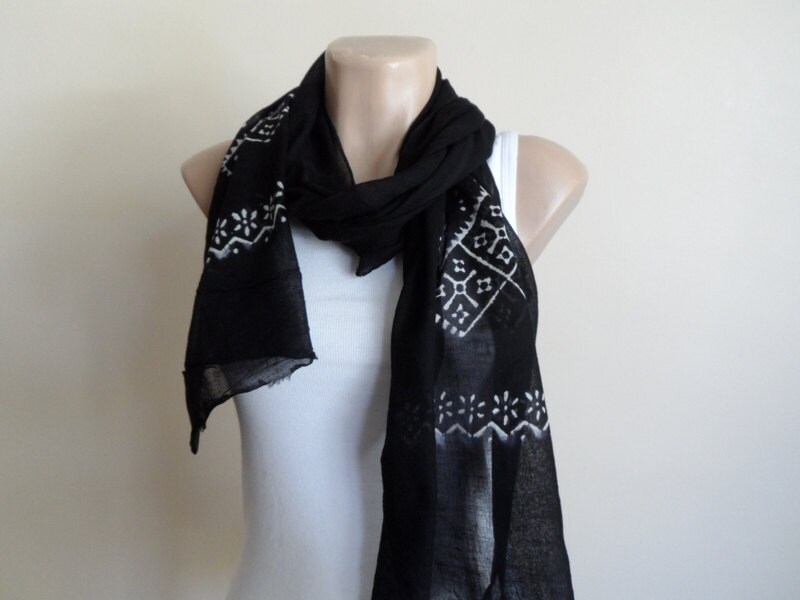 Cotton Scarf, Unisex Scarf in Black and White, Hand Stamped Scarf for Her for Him, Fall Autumn