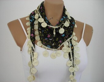 Womens Scarf Black Flowered Cotton Scarf Summer Fashion Blue Pink Green Yellow