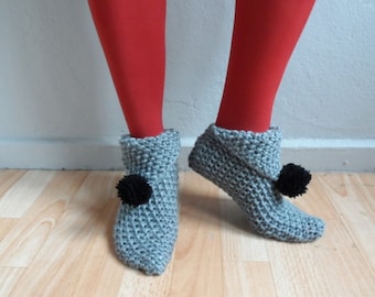 Gray Knit Slippers with Black Pompoms,  Women Slippers, Gray Slippers, House Shoes
