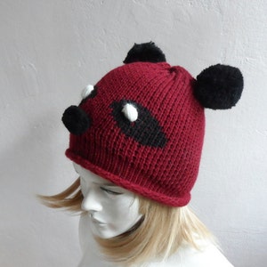 Panda Hat, Burgundy Panda Hat with Pompoms, Knit Hat, Unisex Hat