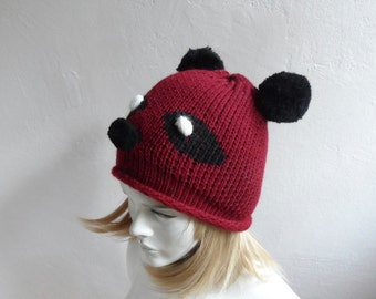 Czapka Panda, Burgundowa Czapka Panda z Pomponami, Czapka Dzianinowa, Czapka Unisex