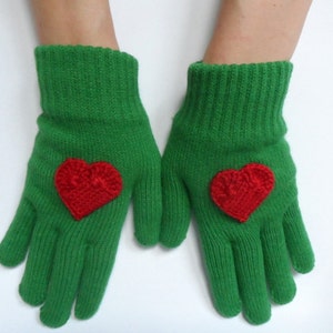 Green Gloves with Crochet Red Heart, Women Gloves, Knit Gloves, Christmas Gift, Gift for her image 4