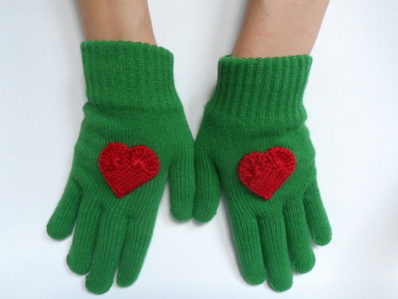 Green Gloves with Crochet Red Heart, Women Gloves, Knit Gloves, Christmas Gift, Gift for her image 4