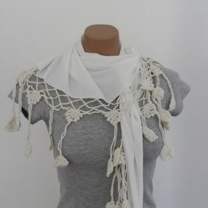 Off White Scarf, Cotton Scarf, Women Shawl, Crochet Flowers, Wedding Fashion